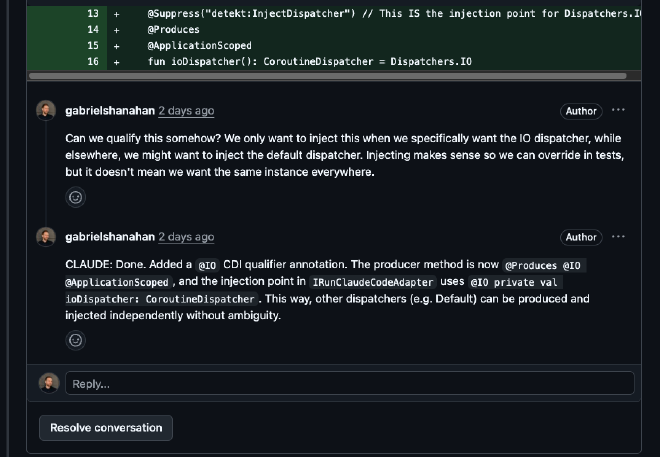 A PR conversation between the reviewer and Claude